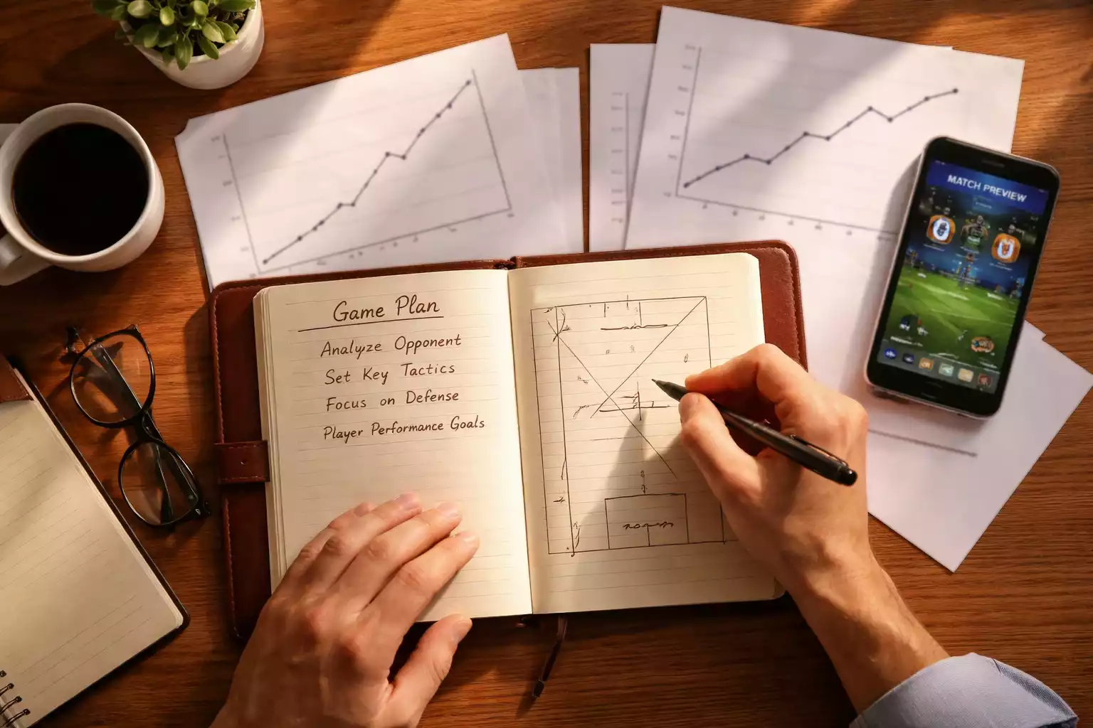 Organized desk with sports analysis notes and strategy planning
