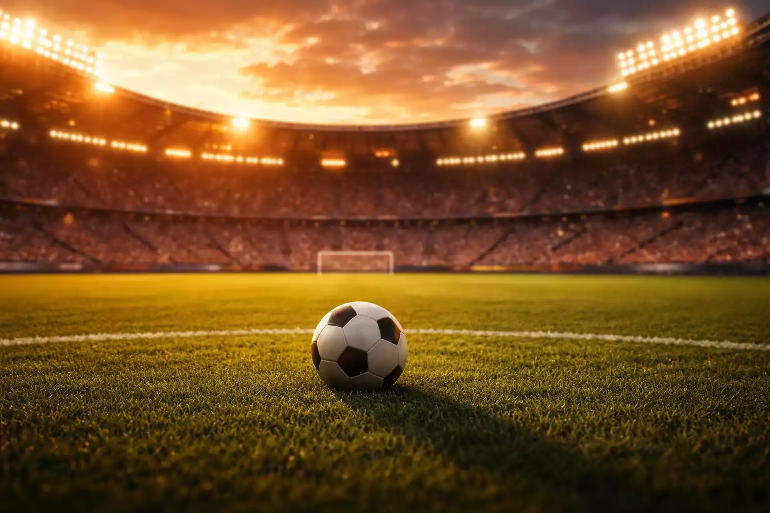Football stadium at golden hour with match atmosphere
