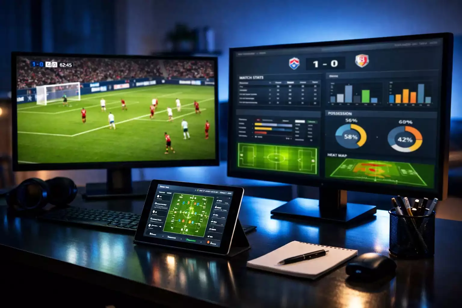 Multiple screens showing live football match data and scores