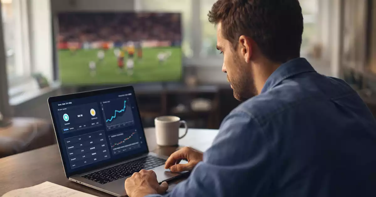 Football analyst reviewing match statistics on laptop screen