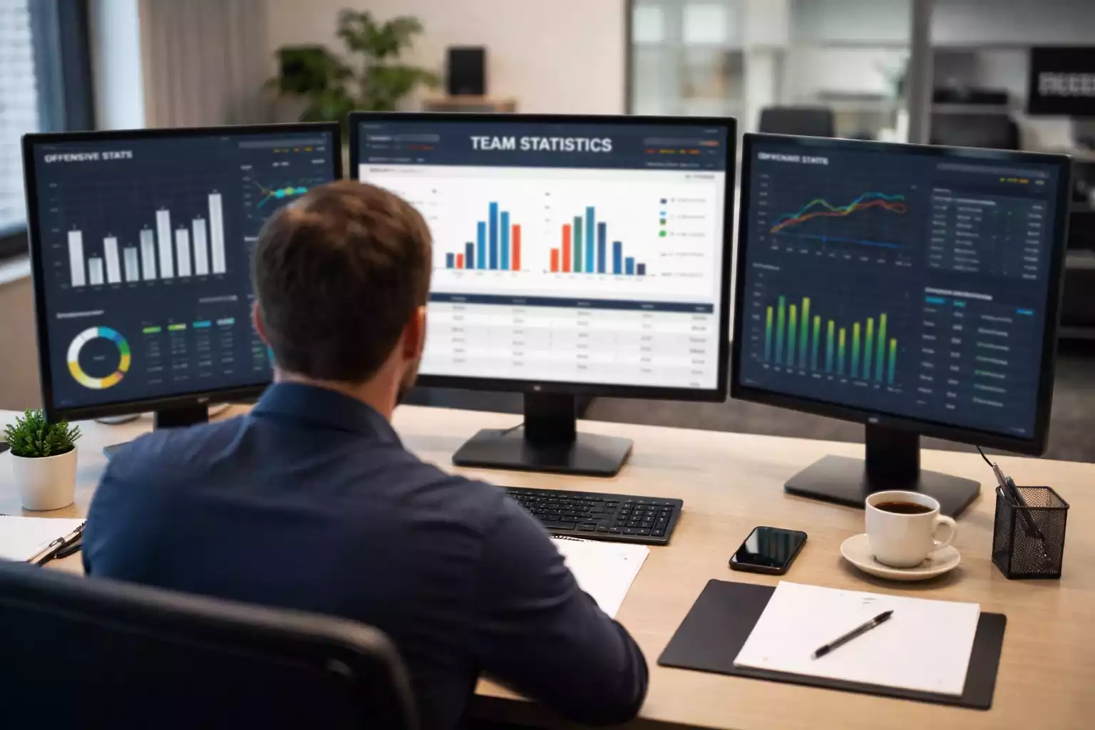Sports analyst reviewing team performance data on multiple monitors