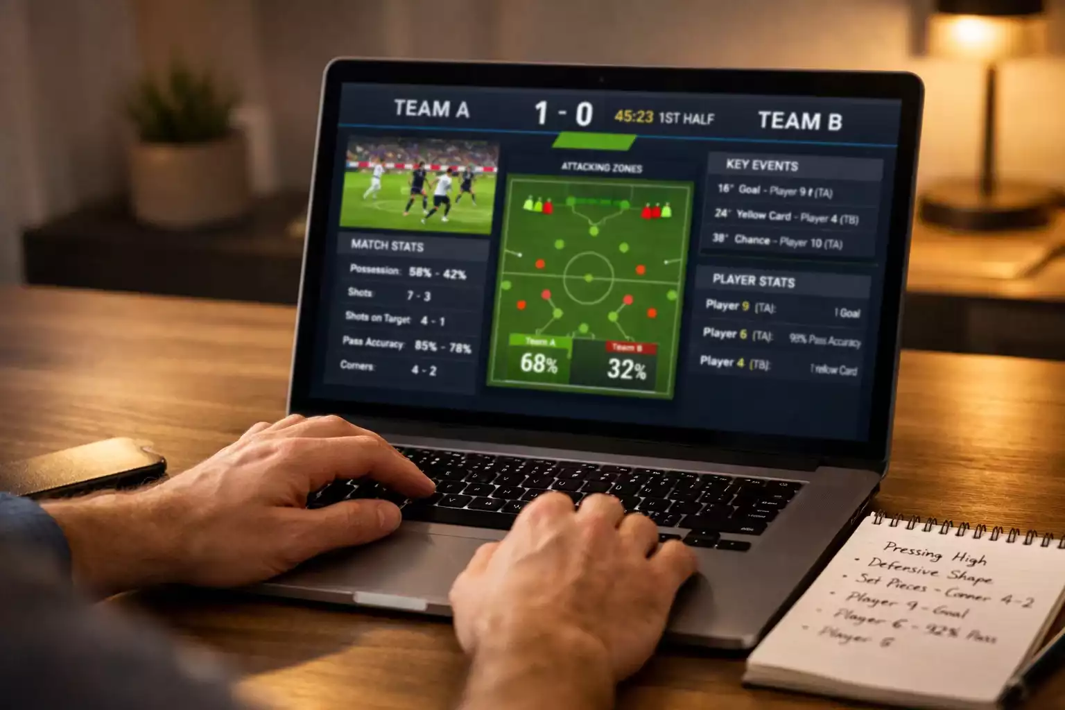 Person analyzing football match statistics on laptop screen