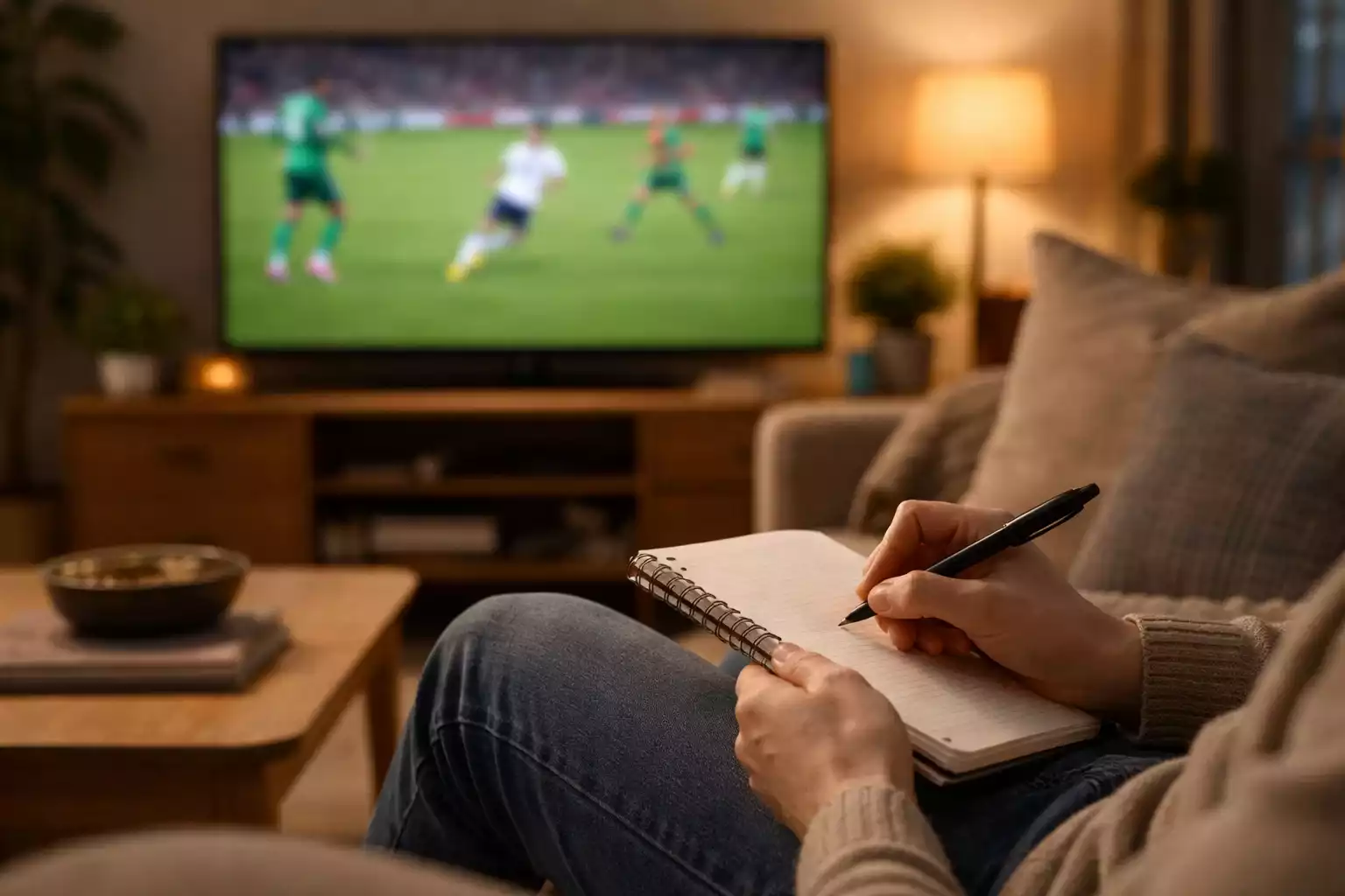 Person taking notes while watching football match on television
