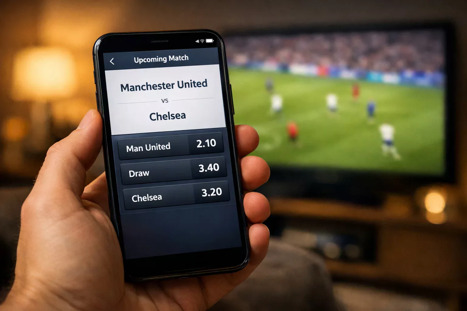 Smartphone displaying football match odds while watching game