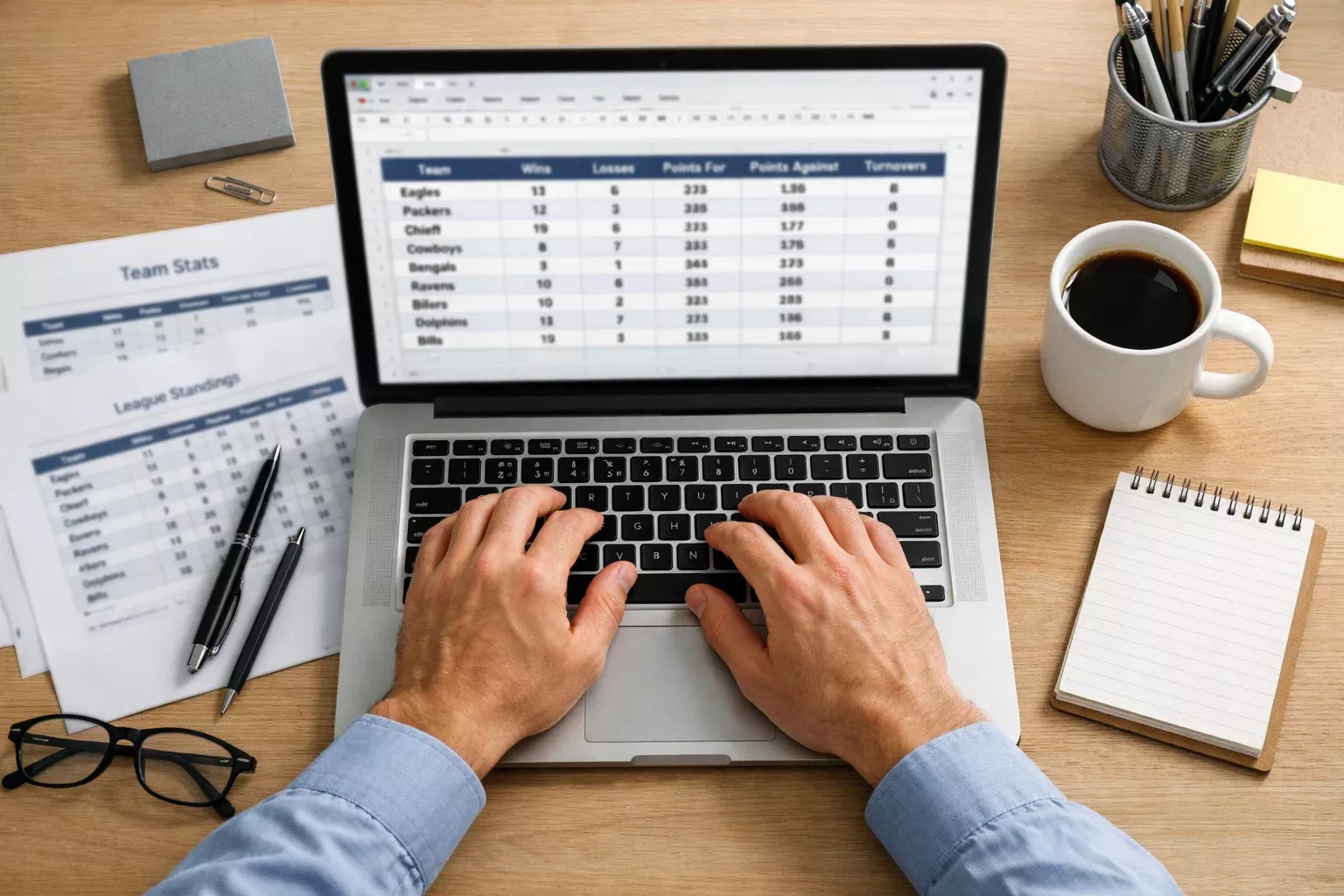 Person working with spreadsheet showing football statistics