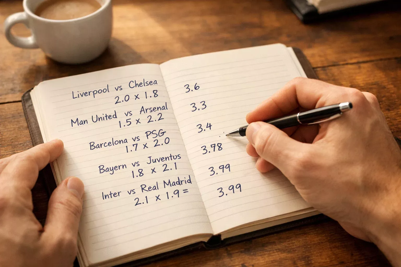 Person analyzing football odds multiplication on paper