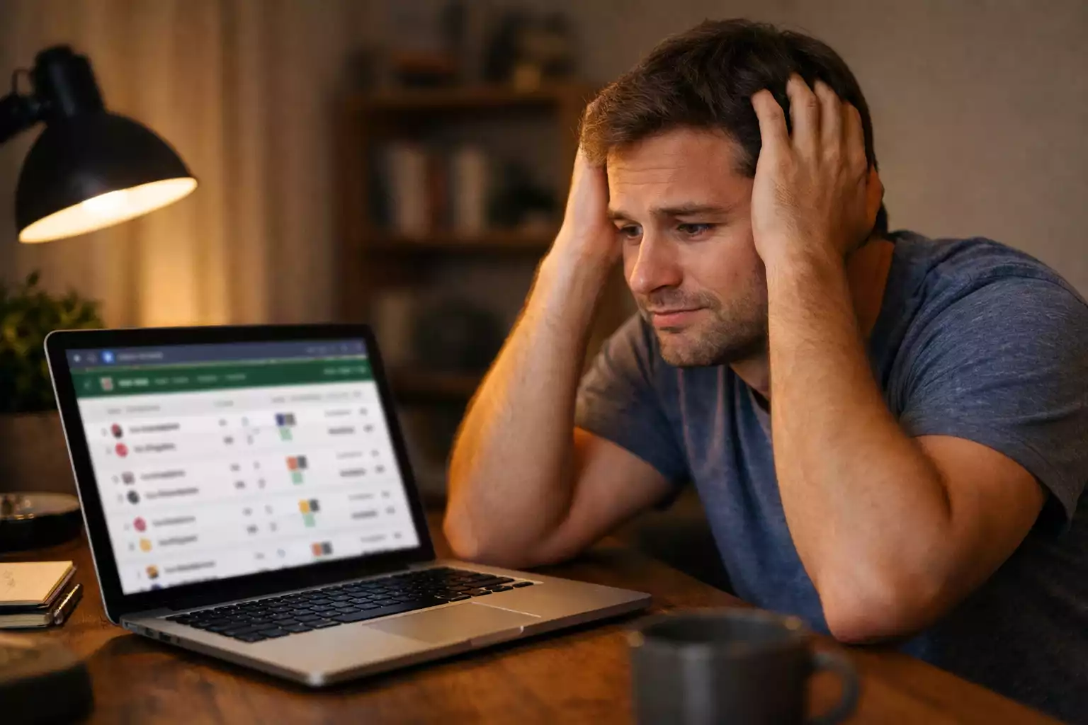 Frustrated bettor looking at losing accumulator results on laptop