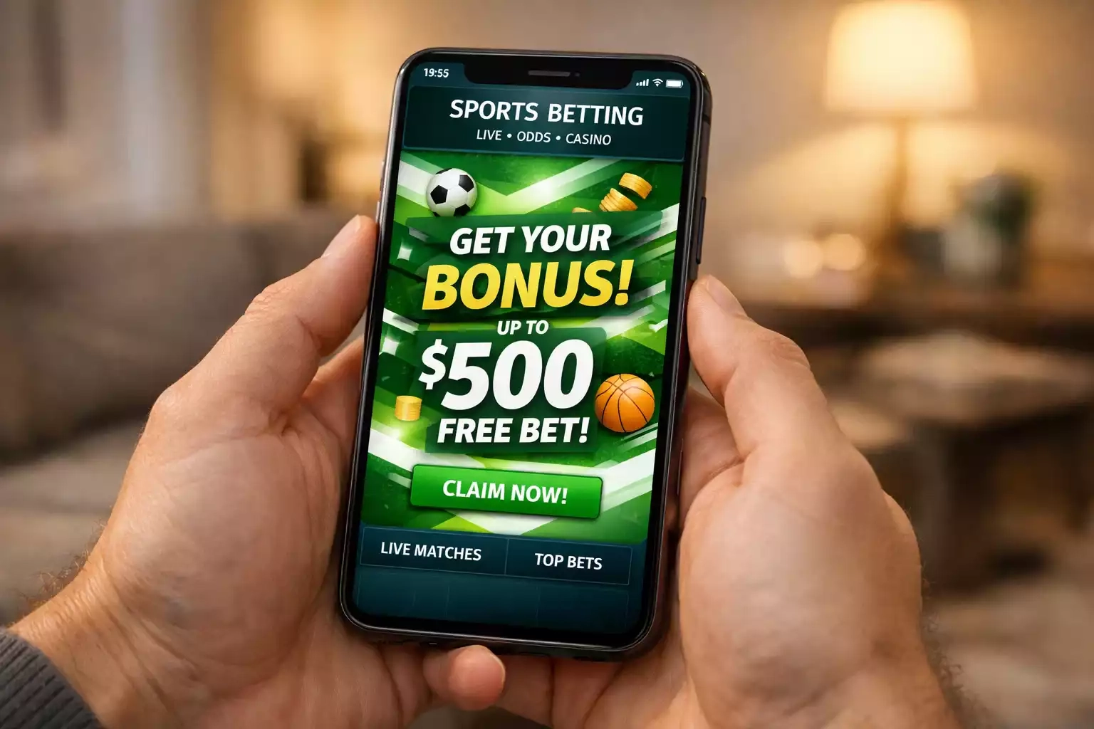 Smartphone displaying sports betting app with bonus offer screen