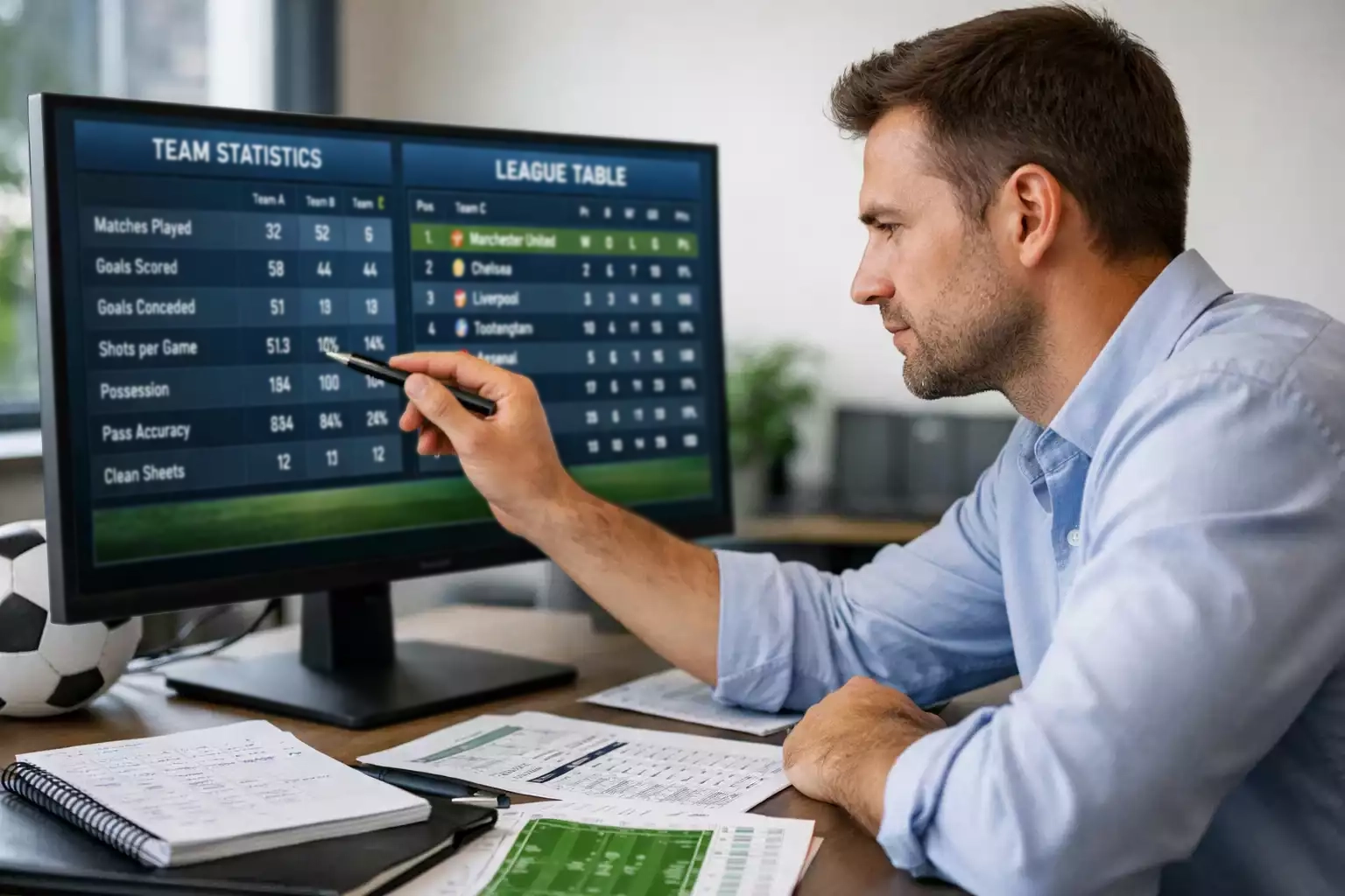 Football analyst reviewing team statistics for accumulator picks