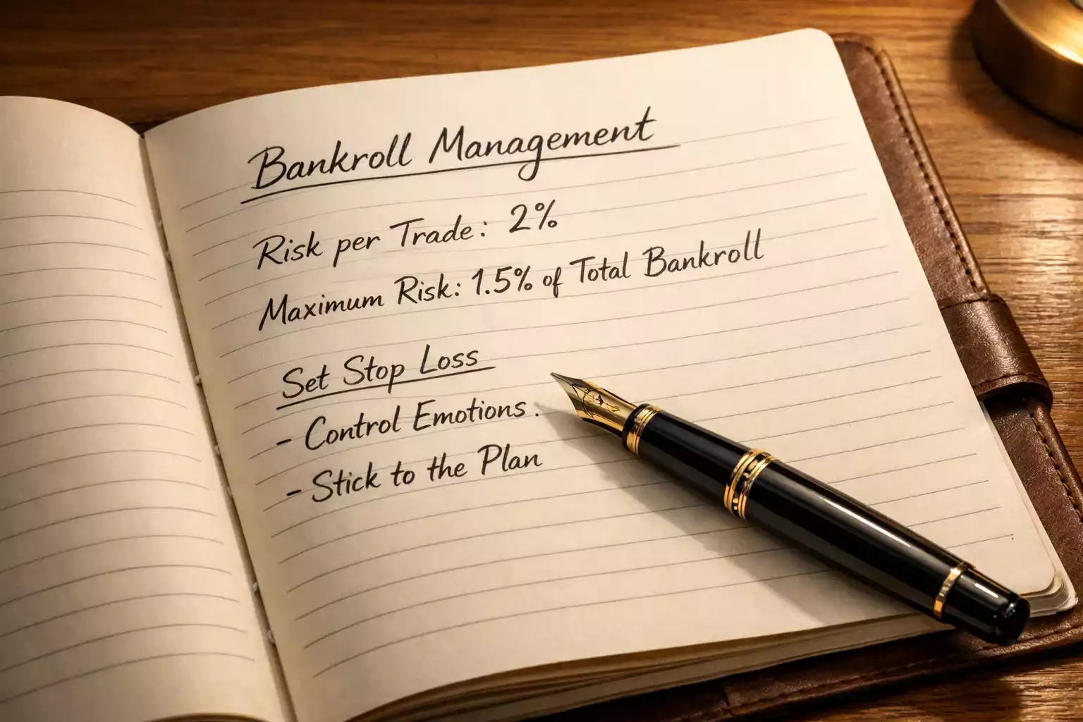 Notebook with bankroll management notes and percentage calculations