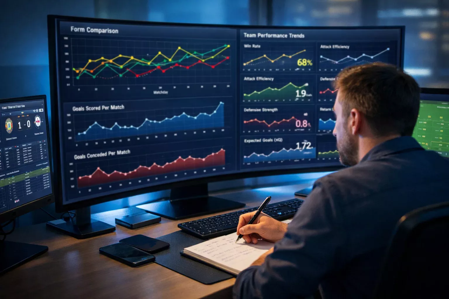 Sports analyst reviewing team performance trends on monitor