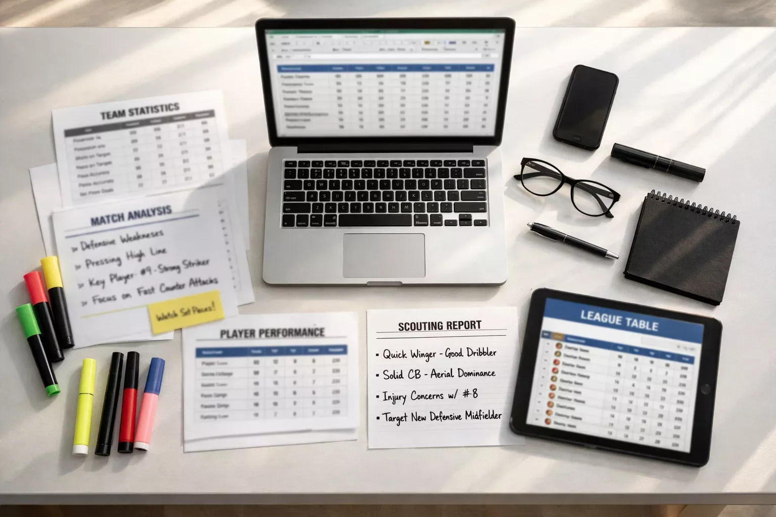 Organized workspace with laptop showing football statistics spreadsheet