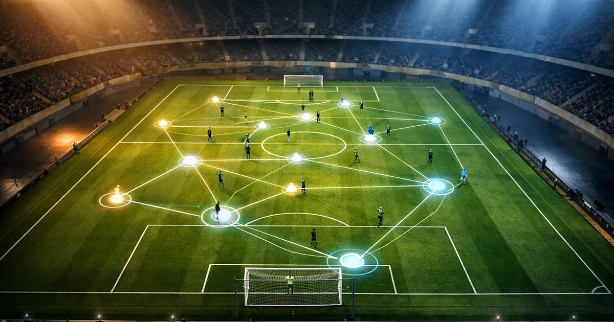 Football pitch overview with statistical data overlay visualization