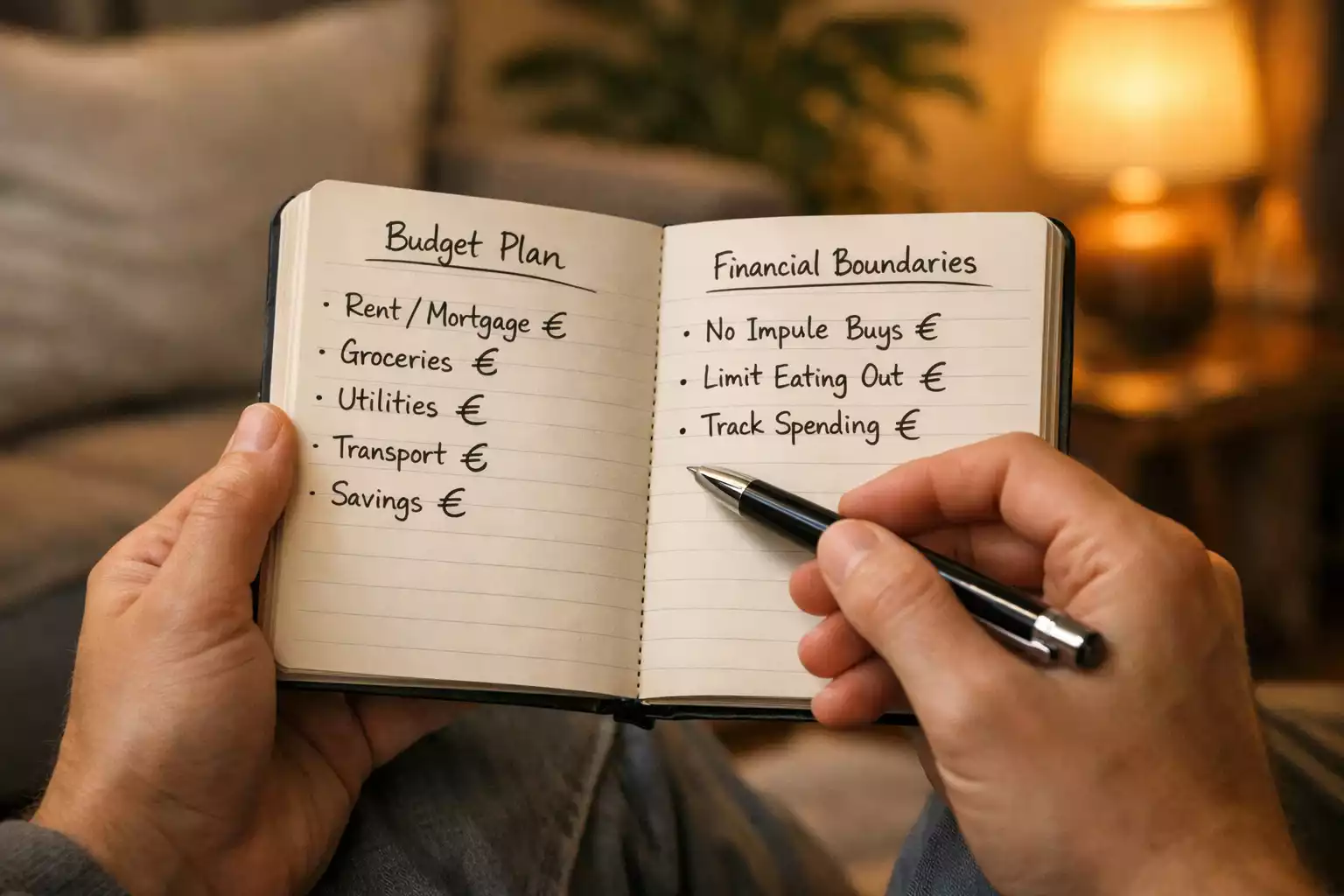 Person setting financial boundaries with budget notes