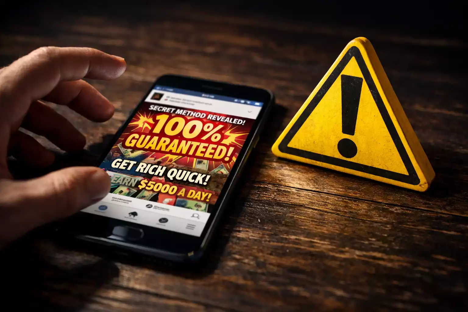 Warning sign next to suspicious betting promise on phone screen