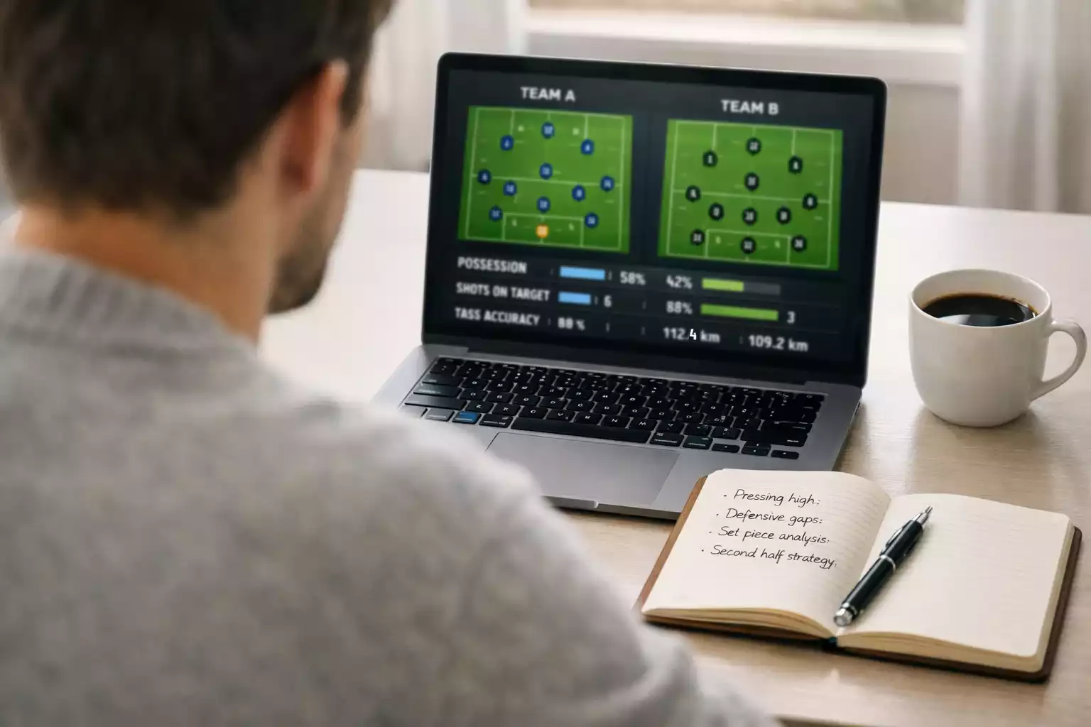 Person analyzing football statistics on laptop with notebook
